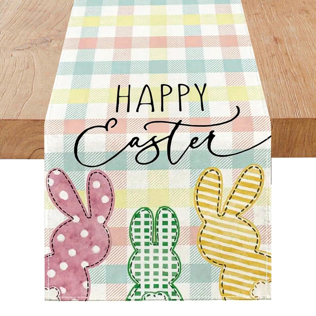 Buffalo Plaid Rabbit Bunny Happy Easter Table Runner, Easter Decorations, 13x72 Inch Check Stripes Kitchen Table Decor, Spring Kitchen Dining Table Decoration for Home Party Decor